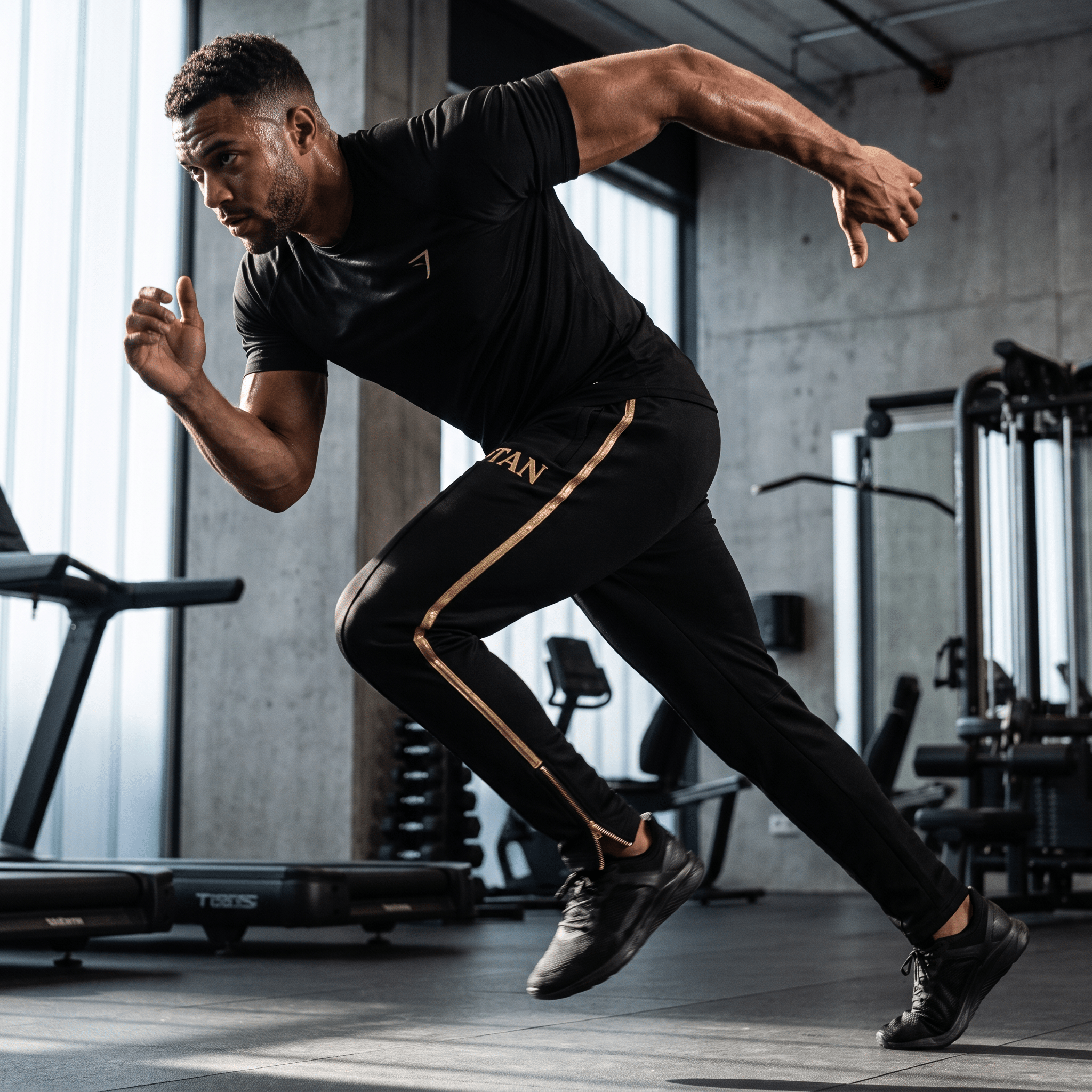 Male athlete sprinting in a gym wearing black TITAN track pants with gold stripes and matching black t-shirt.