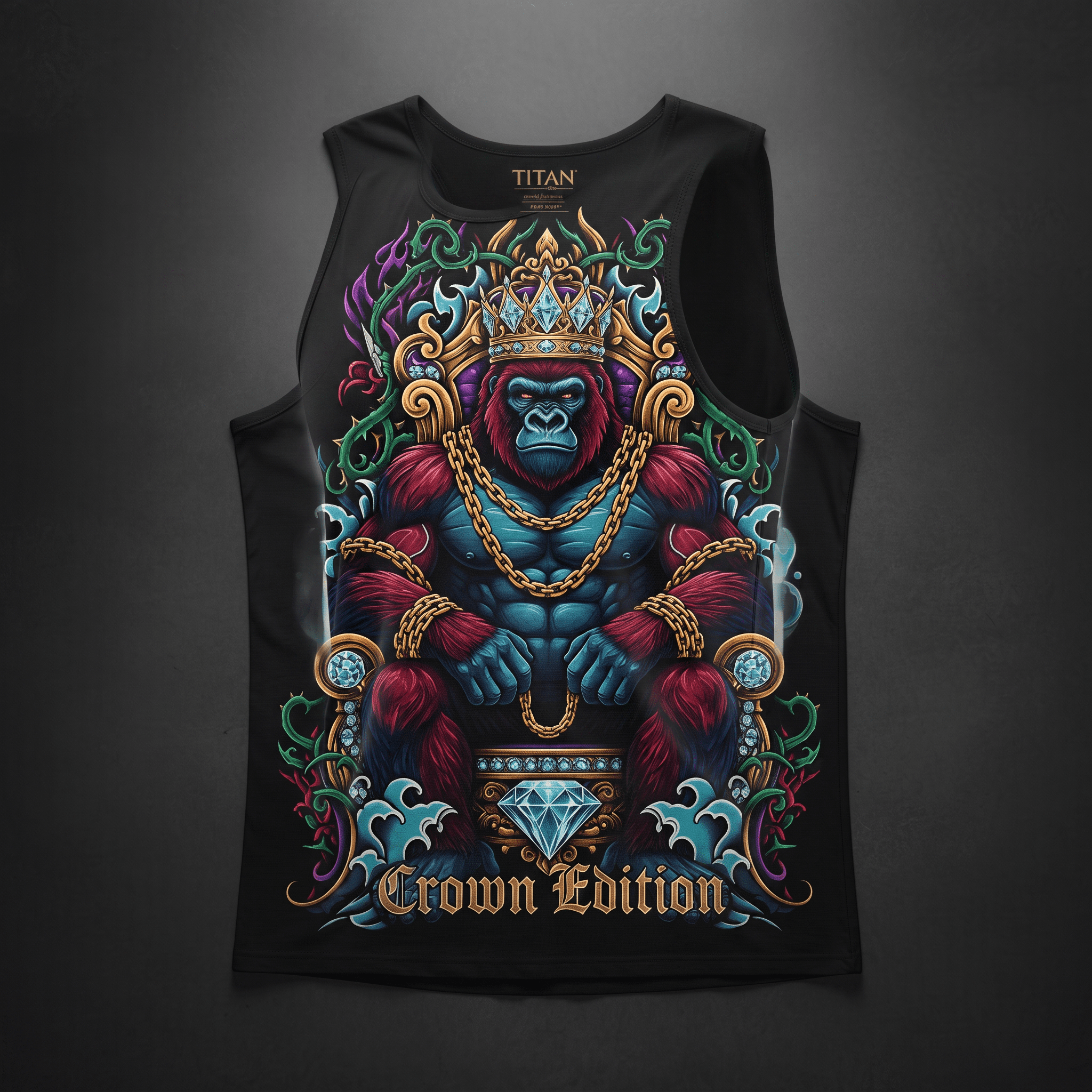Black tank top featuring a colorful graphic of a gorilla king on a throne with Crown Edition text.