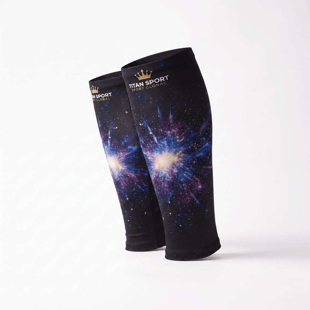 Titan Sport calf sleeves in black with a vibrant galaxy supernova print and gold crown logo.