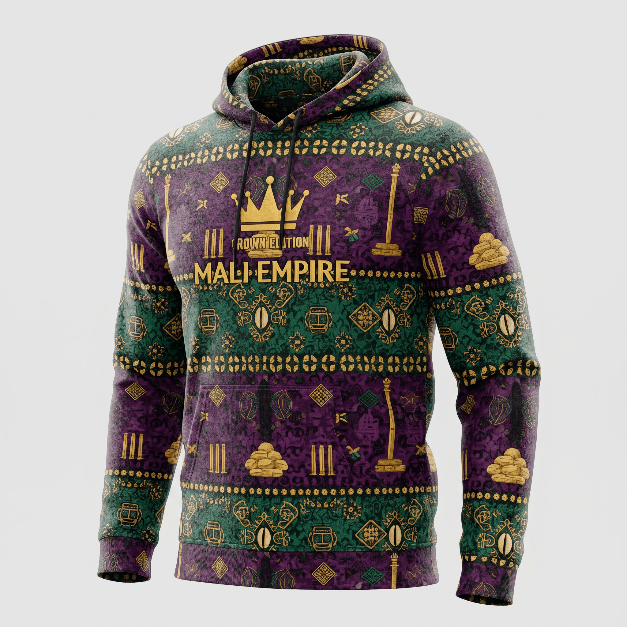 Purple and green Mali Empire hoodie with gold crown graphic and cultural patterned design.