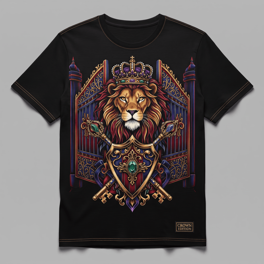 Black crewneck t-shirt featuring a detailed graphic of a crowned lion, shield, and keys.
