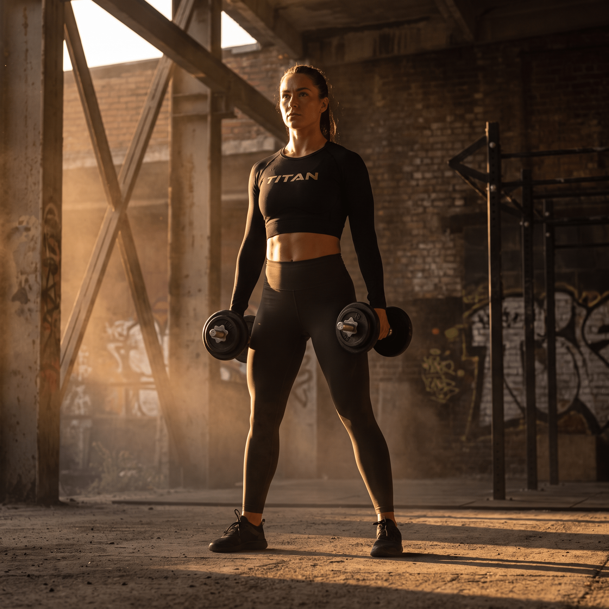 Female athlete in a black Titan crop top and leggings holding dumbbells in a gym.