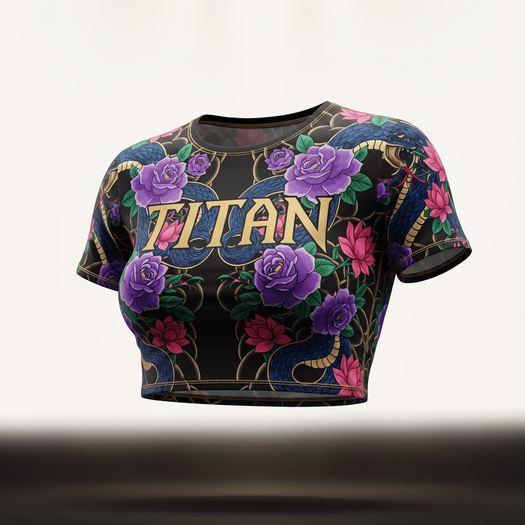Black crop top with a Japanese tattoo print featuring blue snakes, purple and pink flowers, and gold Titan text.