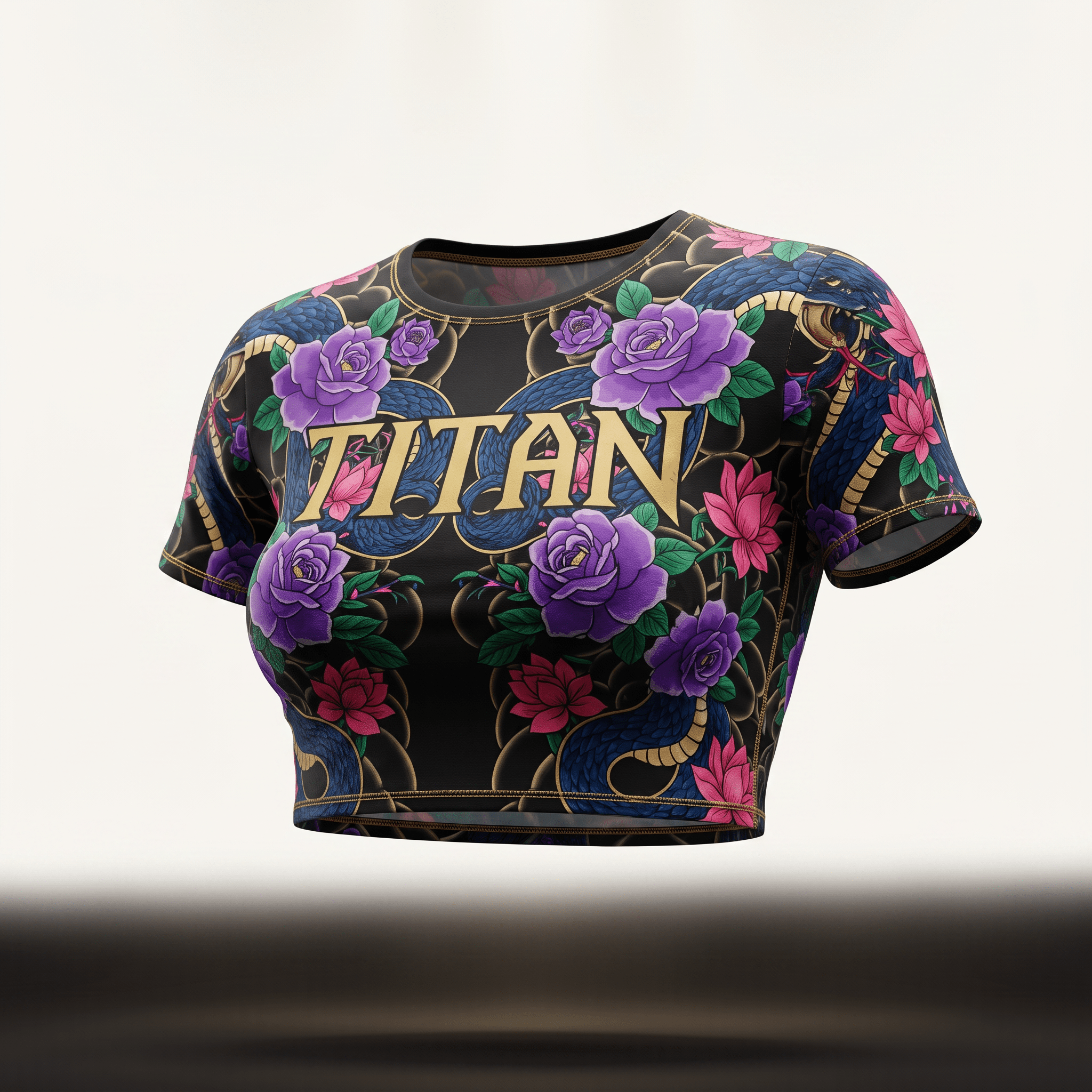 Black crop top with a Japanese tattoo print featuring blue snakes, purple and pink flowers, and gold Titan text.