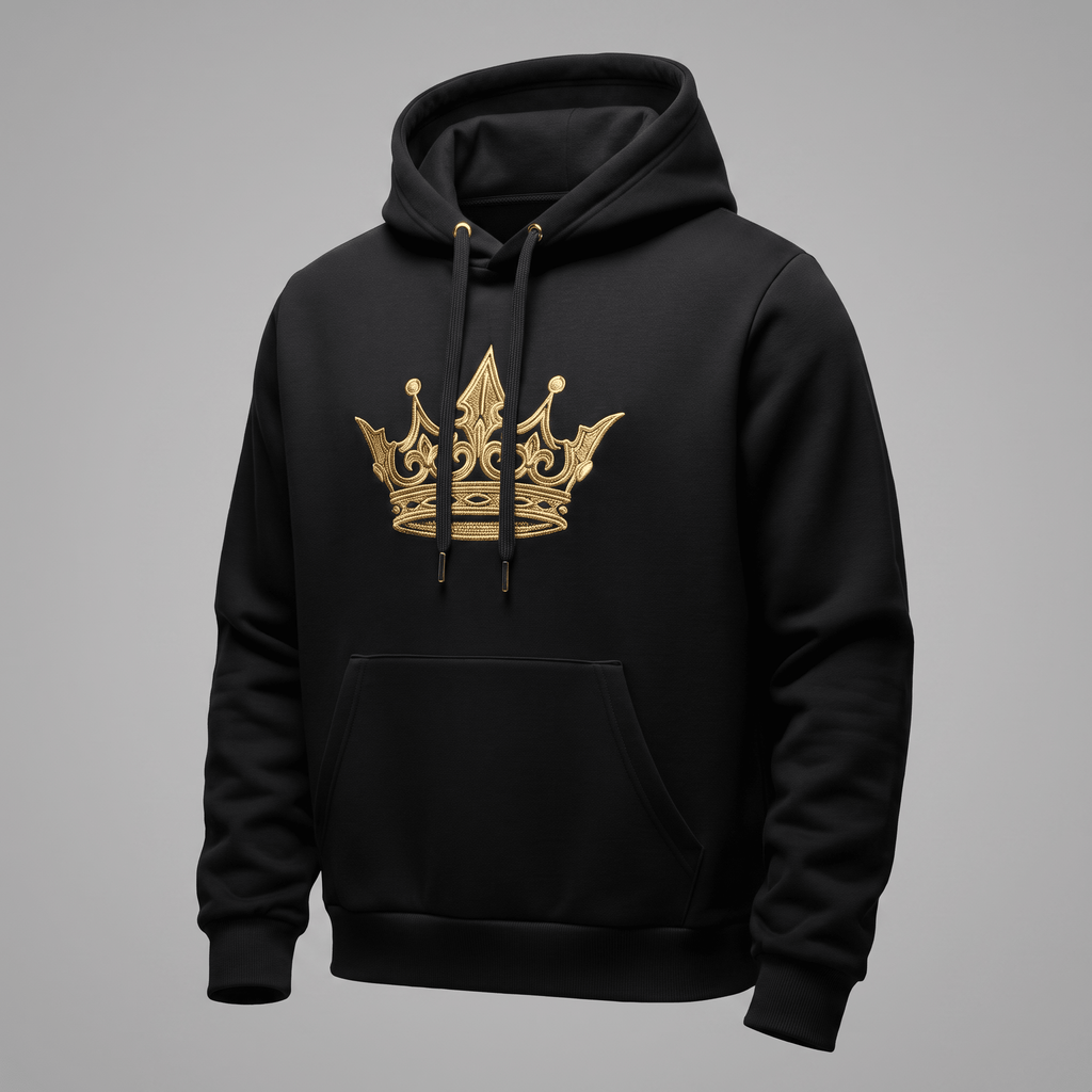 Black hoodie with a gold embroidered crown logo, featuring a front pocket and drawstrings on a gray background.