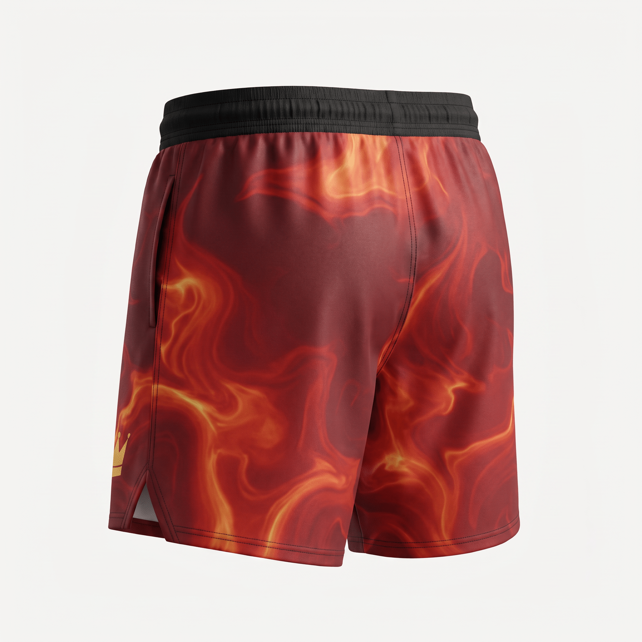 Red and orange flame print athletic shorts with a black waistband, shown from the back.
