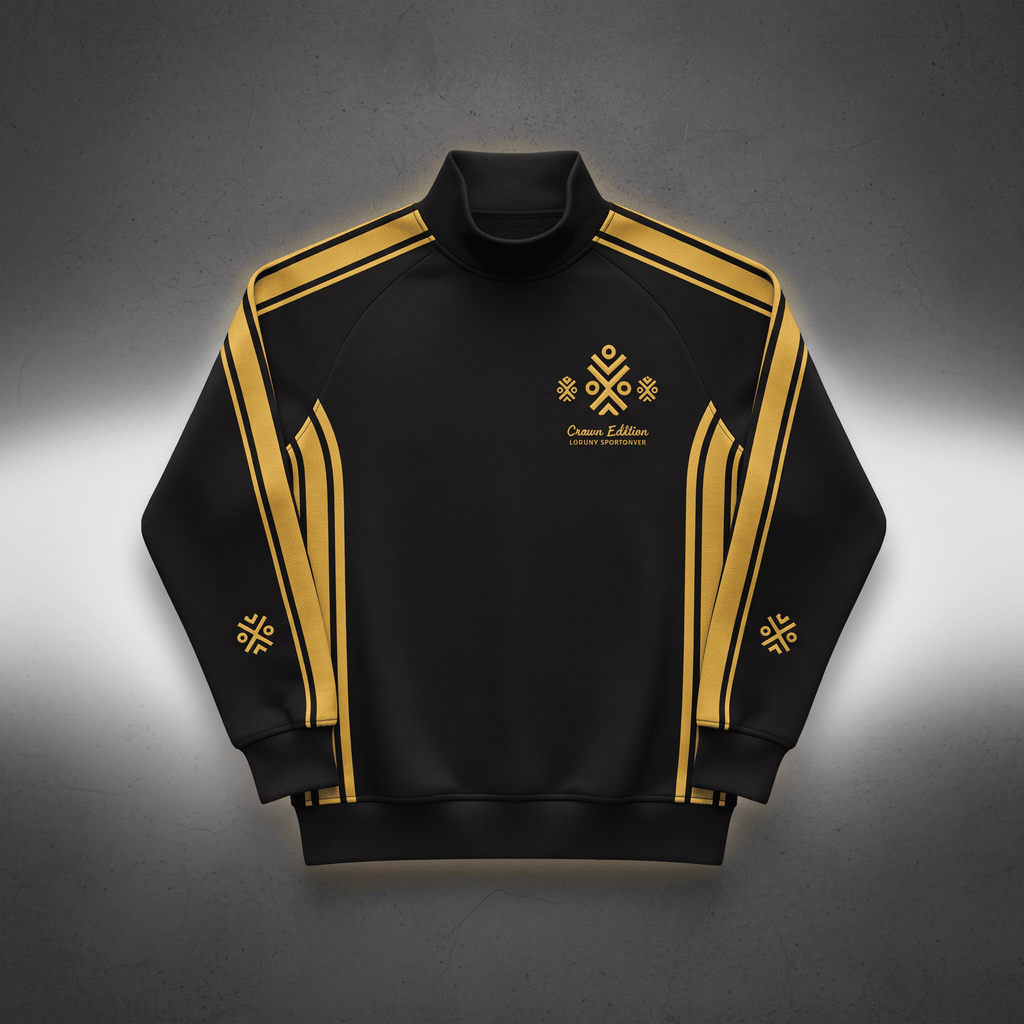 Black mock neck sweatshirt with gold stripes and Crown Edition logo against a dark gradient.