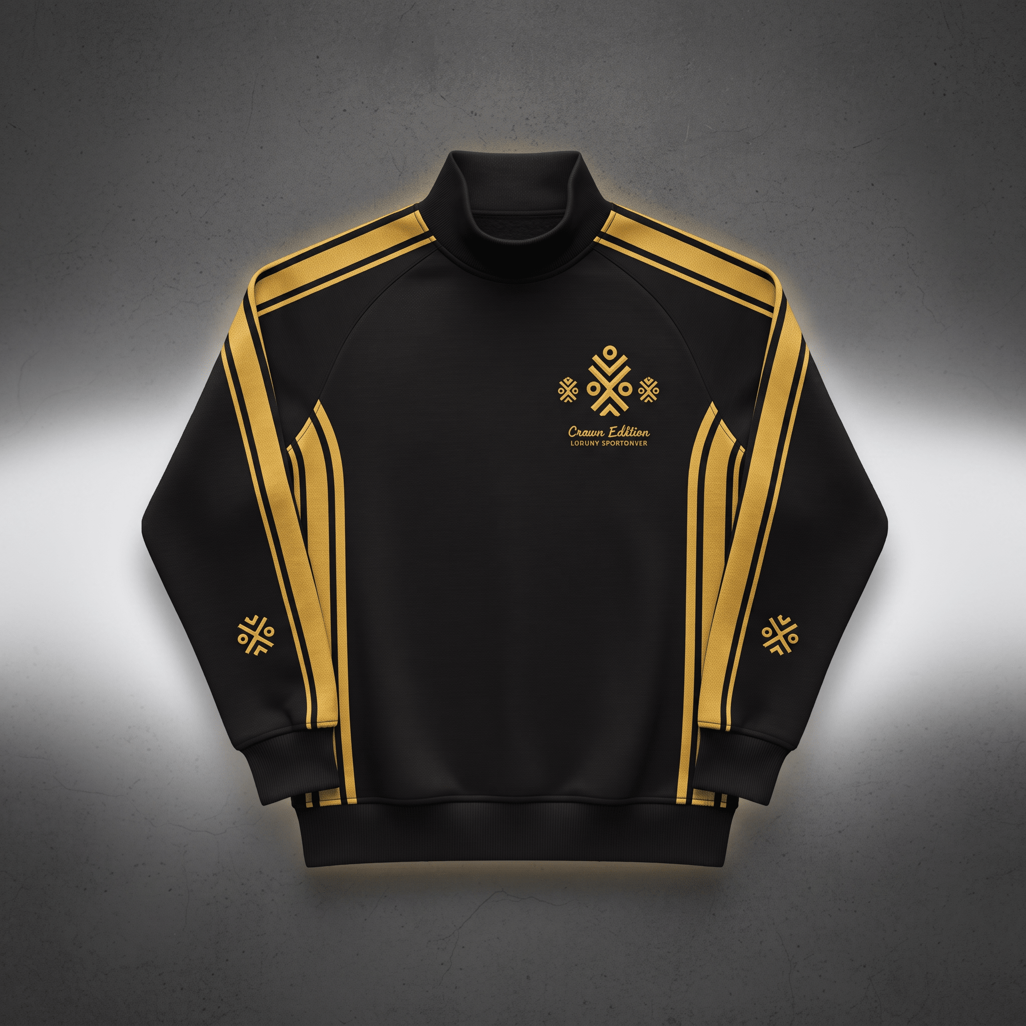 Black mock neck sweatshirt with gold stripes and Crown Edition logo against a dark gradient.