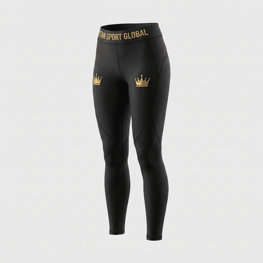 Black athletic leggings featuring gold crown graphics and Titan Sport Global waistband text.