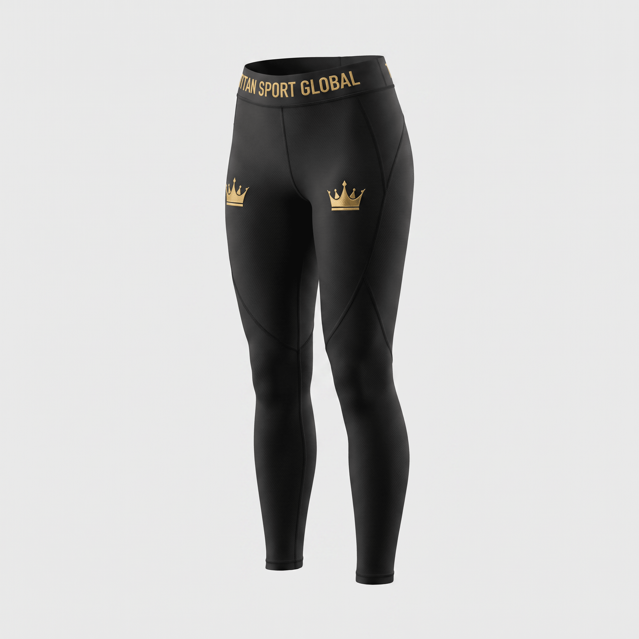 Black athletic leggings featuring gold crown graphics and Titan Sport Global waistband text.