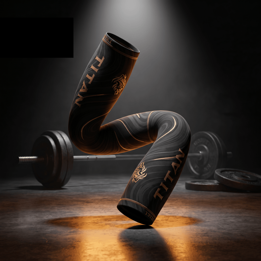 Black compression sleeve with gold "TITAN" logo and wavy patterns, suspended in a gym setting with barbells.