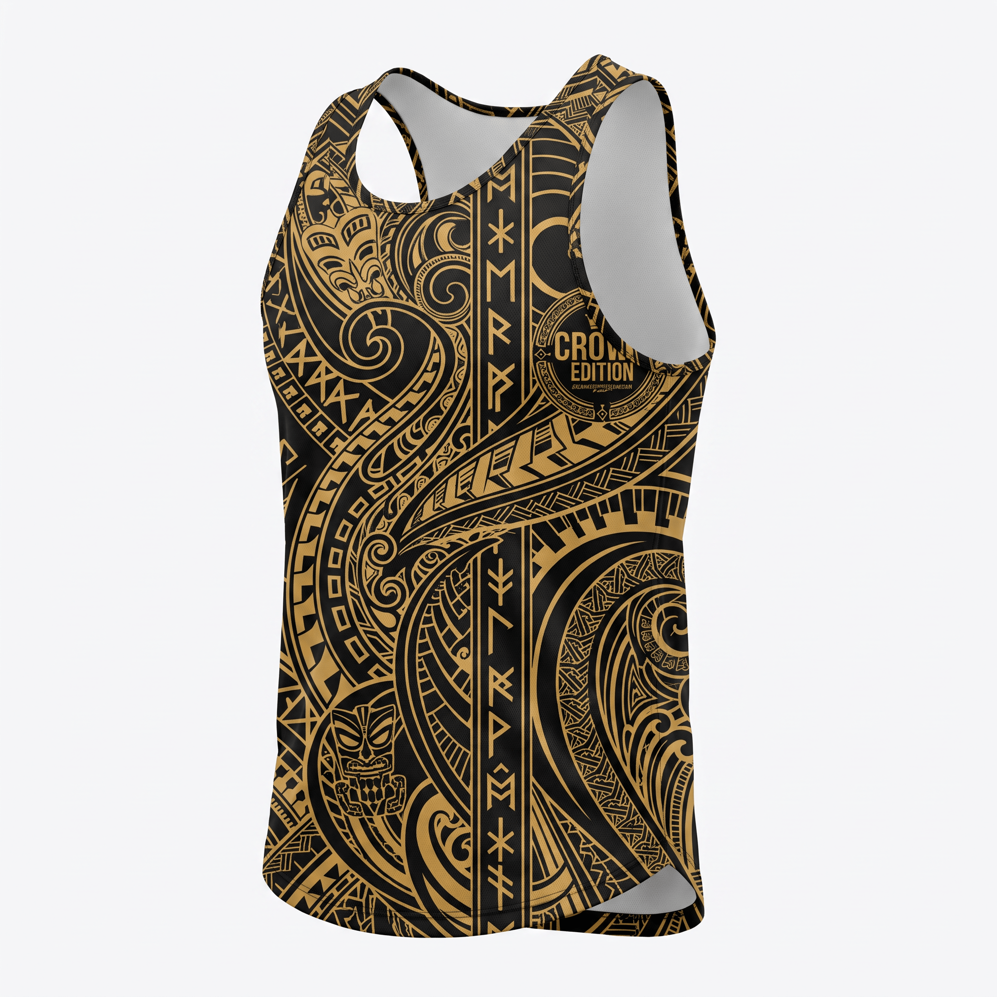 Black and gold tank top with intricate Polynesian tribal patterns and Crown Edition text.