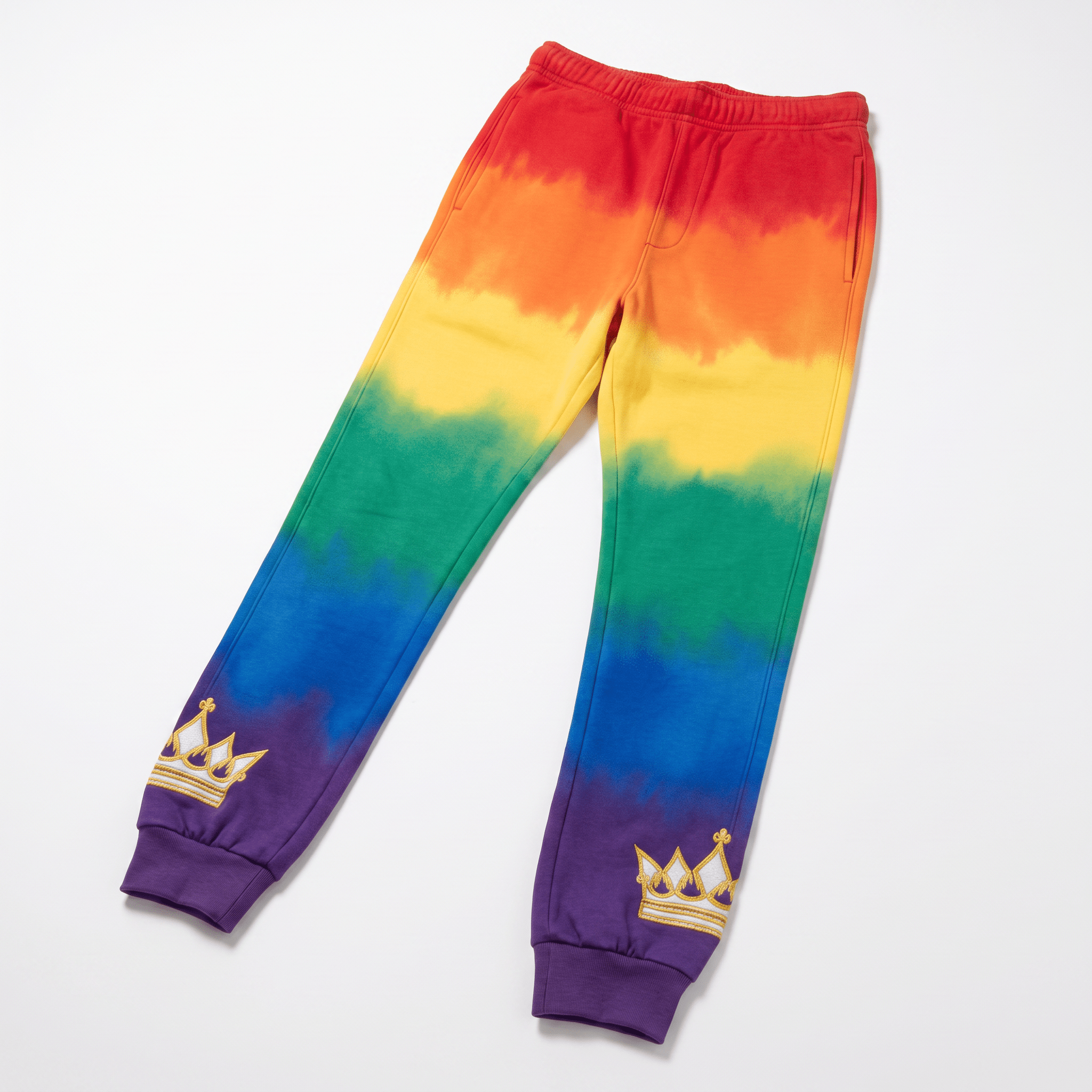 Vibrant rainbow tie-dye sweatpants with embroidered crowns near the cuffs on a white background.