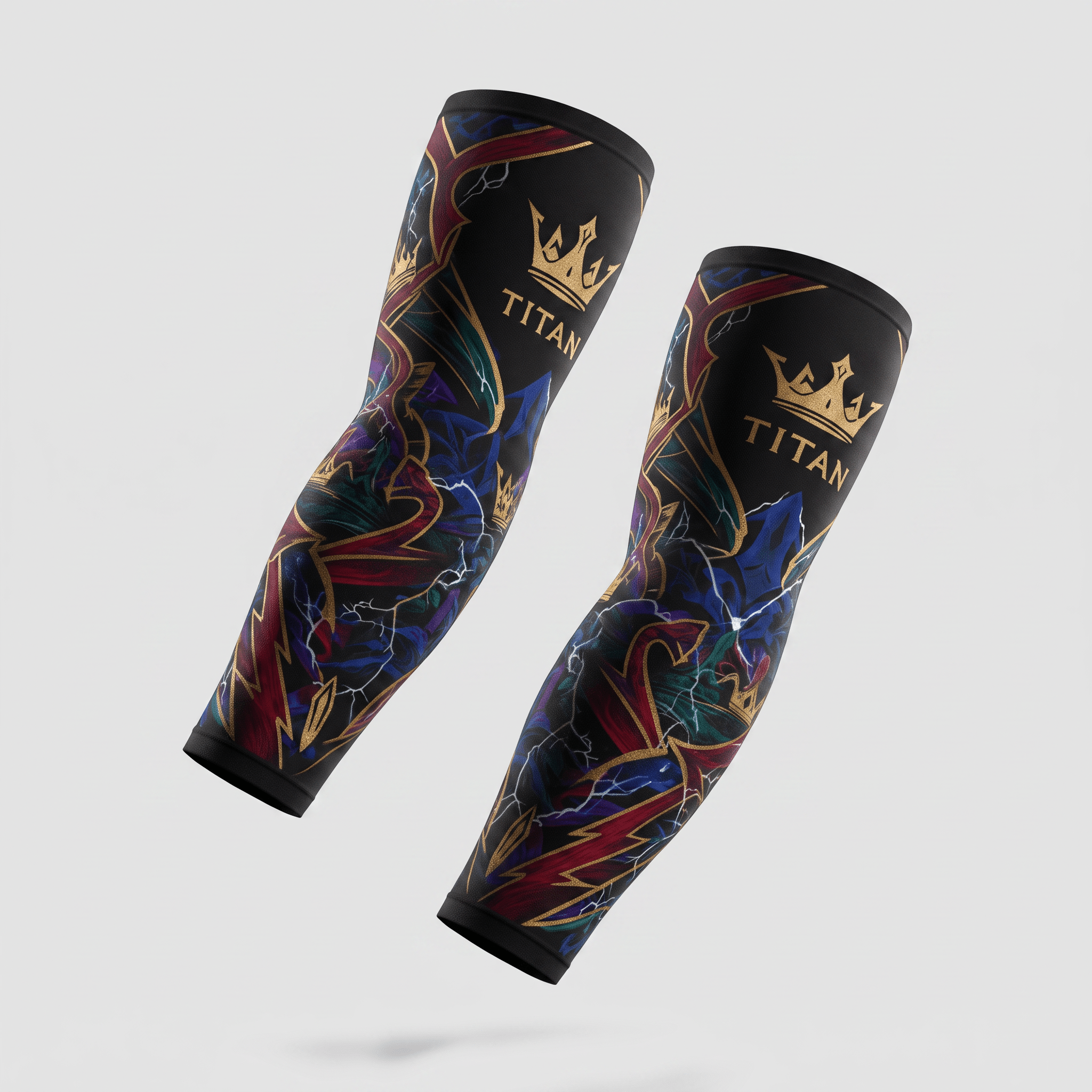 Titan black arm sleeves with colorful graffiti graphic design and gold crown logo.