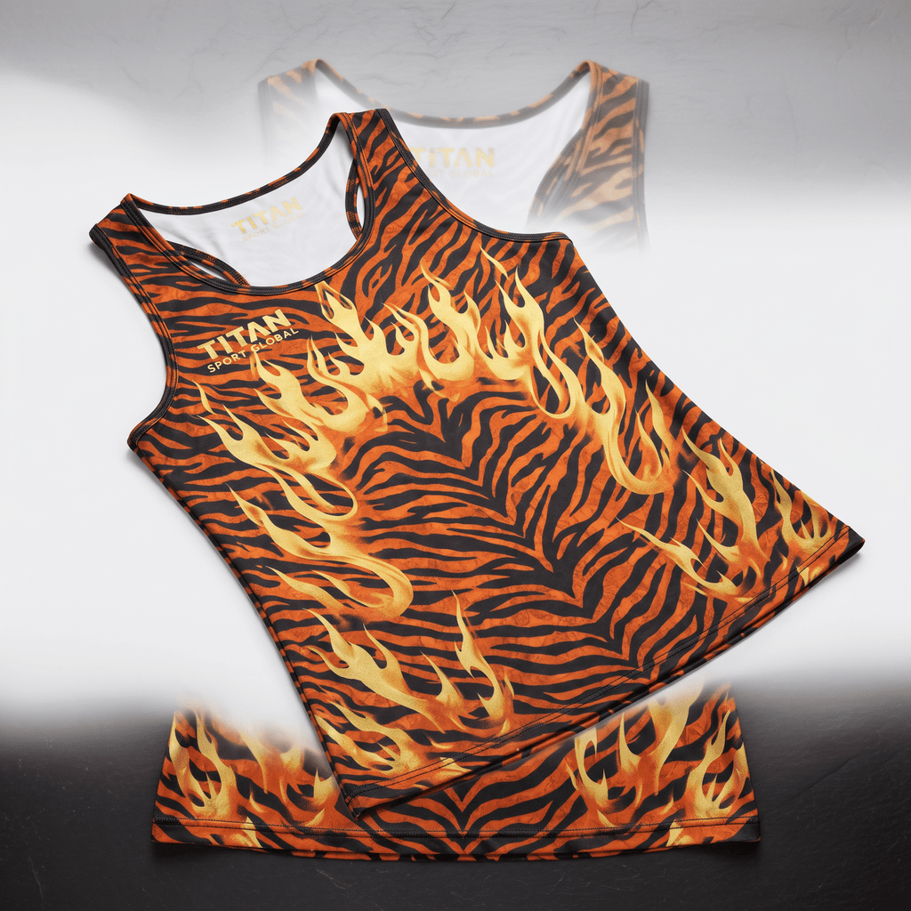 Titan Sport Global athletic tank top featuring an orange tiger stripe and yellow flame graphic.