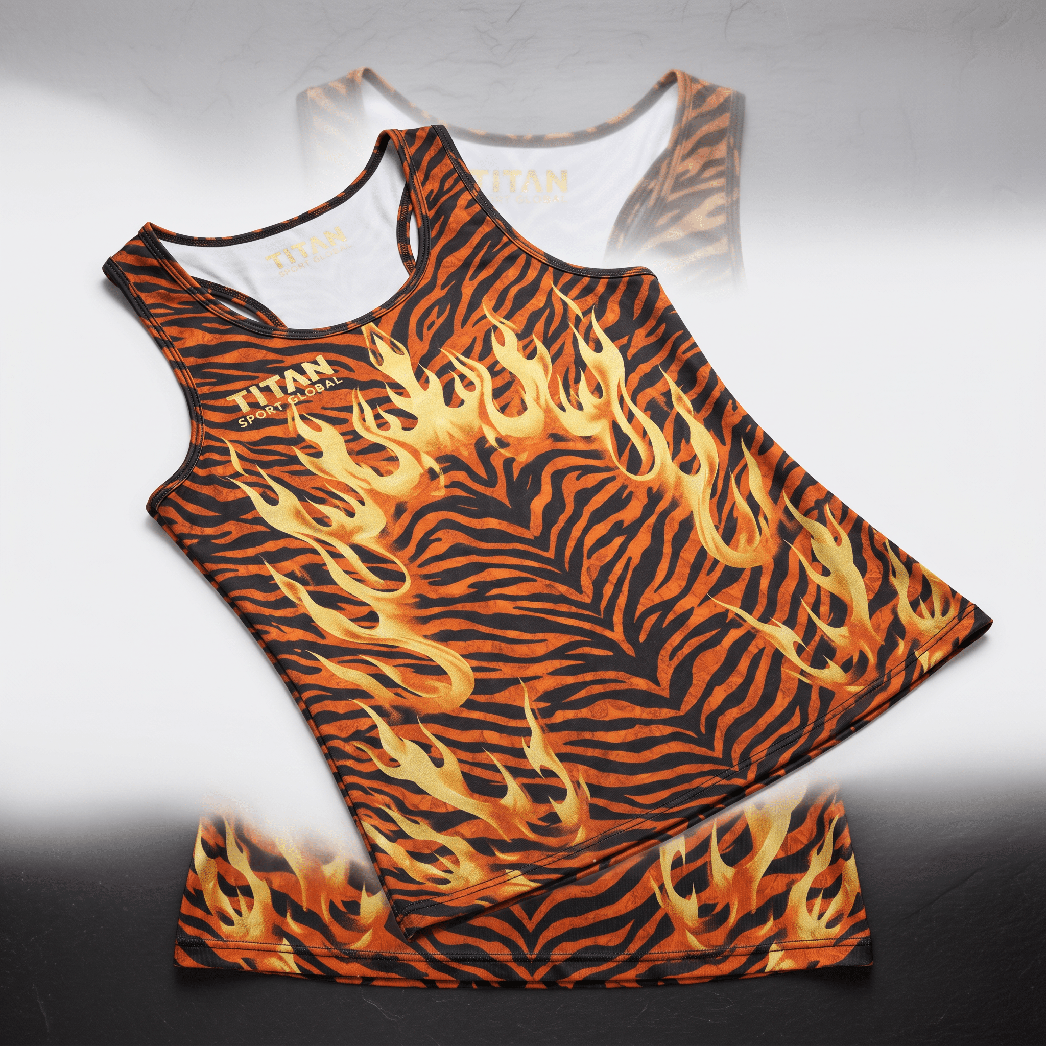 Titan Sport Global athletic tank top featuring an orange tiger stripe and yellow flame graphic.