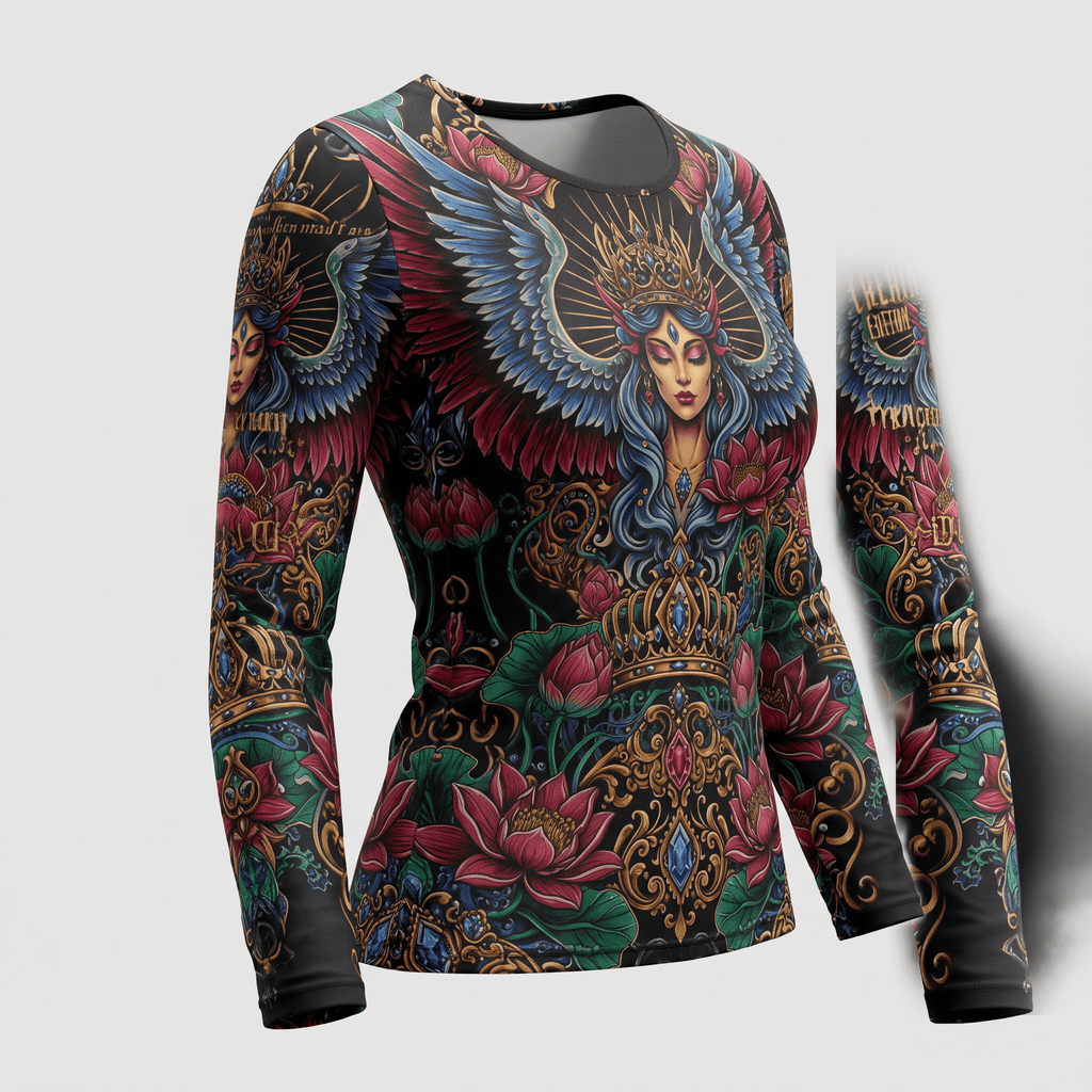 Black long sleeve shirt featuring a vibrant, ornate winged goddess, lotus flowers, and gold scrollwork.