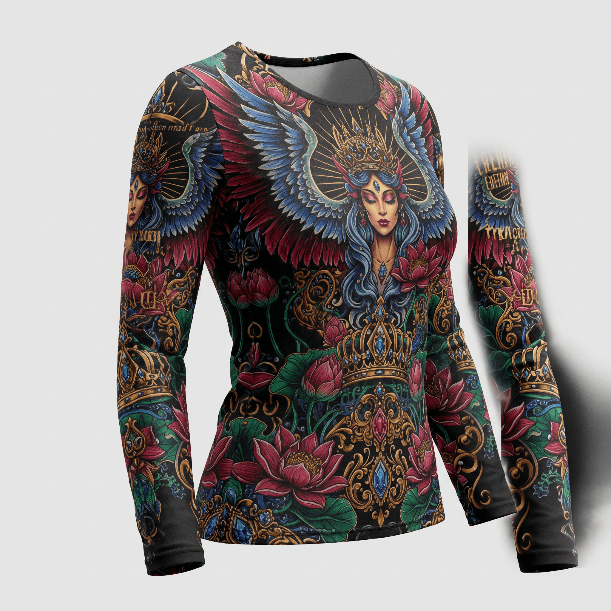 Black long-sleeve rash guard featuring a vibrant fantasy art print of winged queens, lotus flowers, and gold crowns.