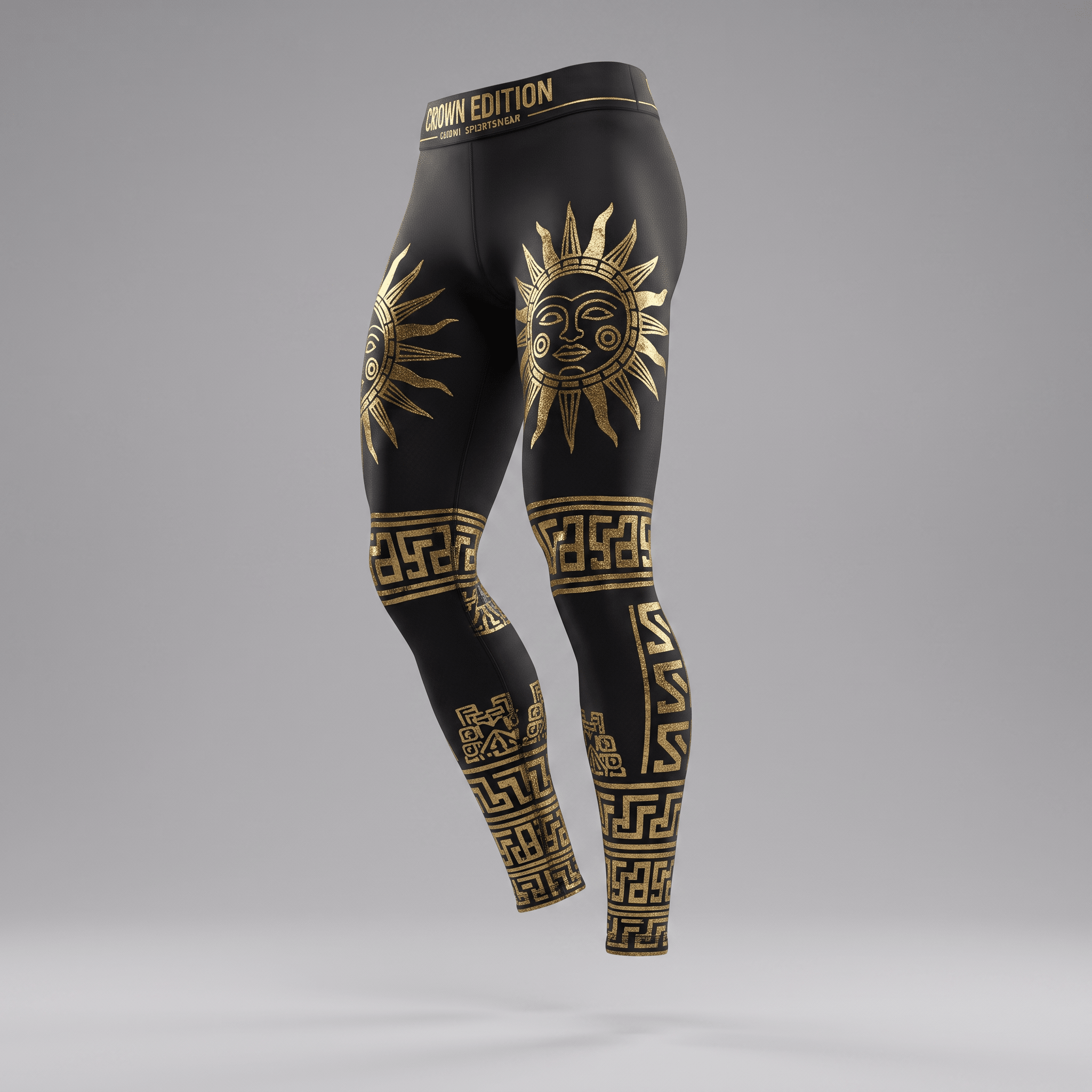 Black athletic leggings featuring gold celestial sun designs and geometric Greek key patterns on legs.