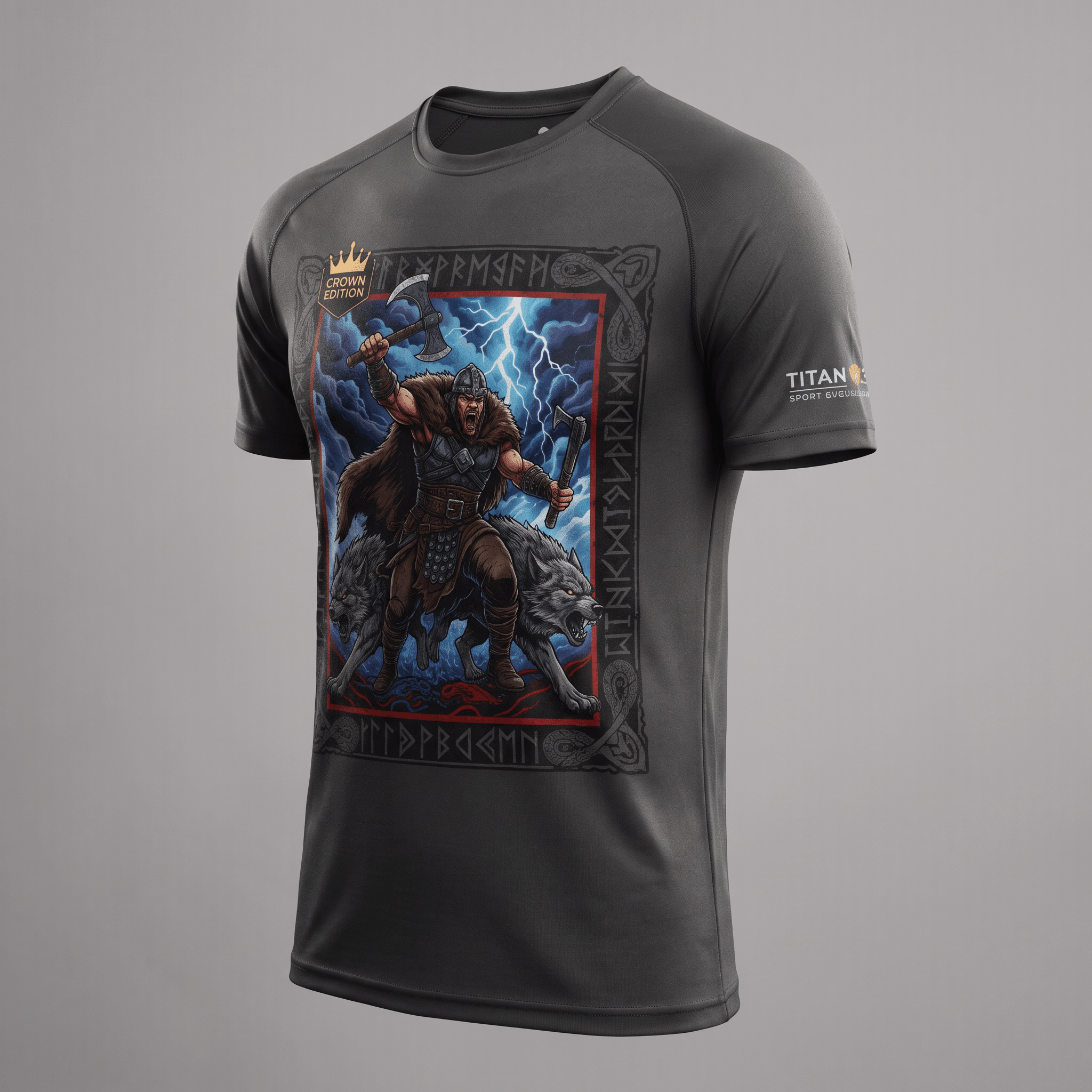 Dark grey athletic t-shirt featuring a Viking warrior graphic with wolves and lightning on the front.