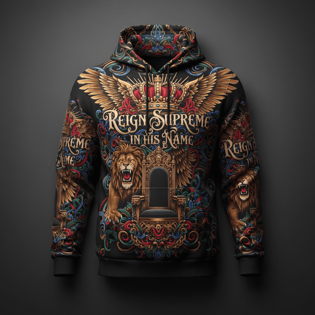 Black hoodie with a baroque lion, crown, wings, and Reign Supreme in His Name text graphic.