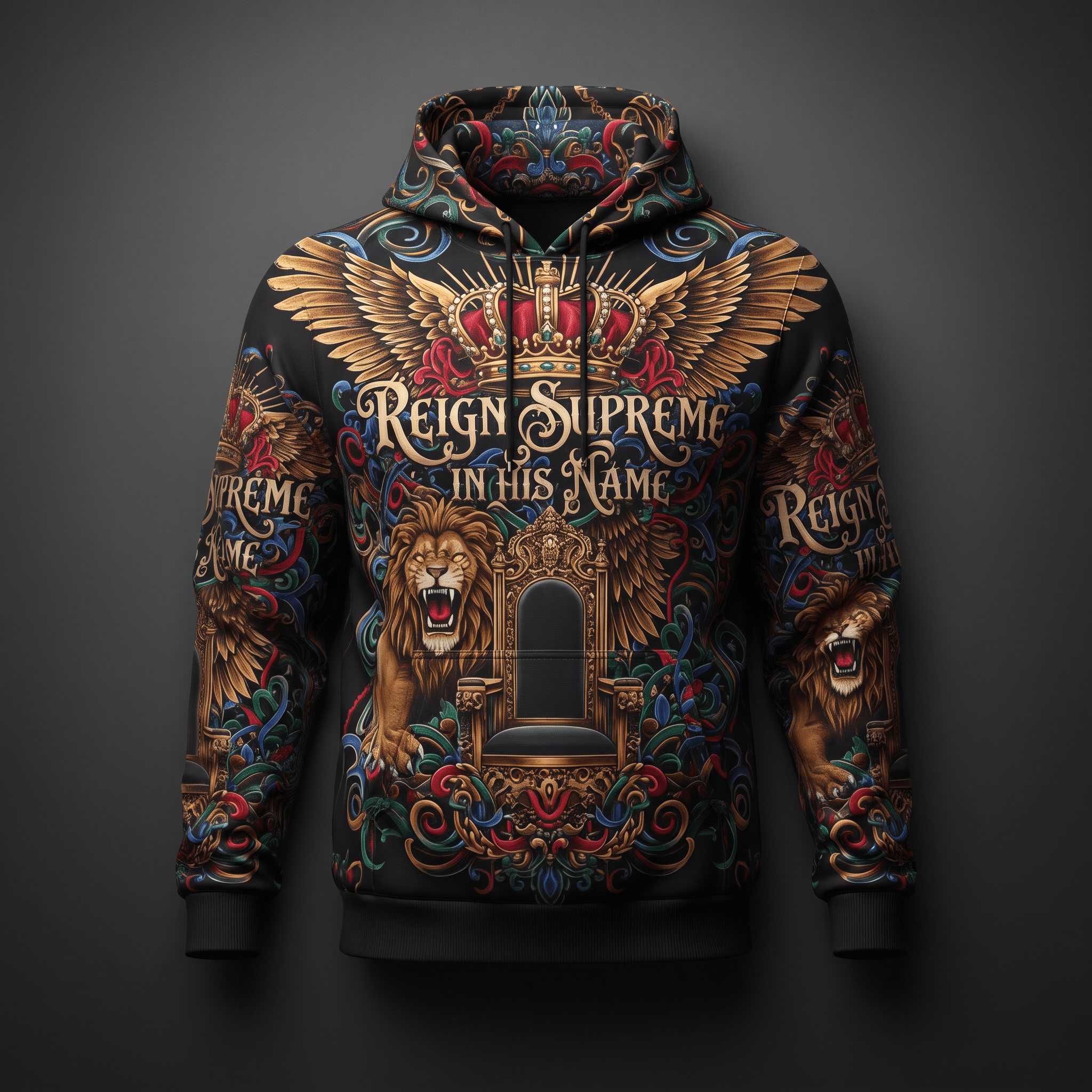 Black hoodie with ornate crown, winged throne, roaring lions, and Reign Supreme in His Name text.