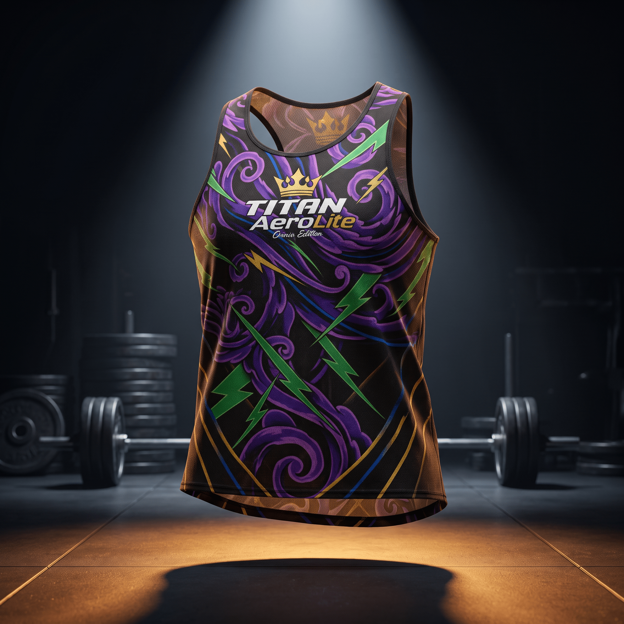 Black athletic tank top featuring purple swirls, green lightning, and a gold Titan AeroLite crown logo.