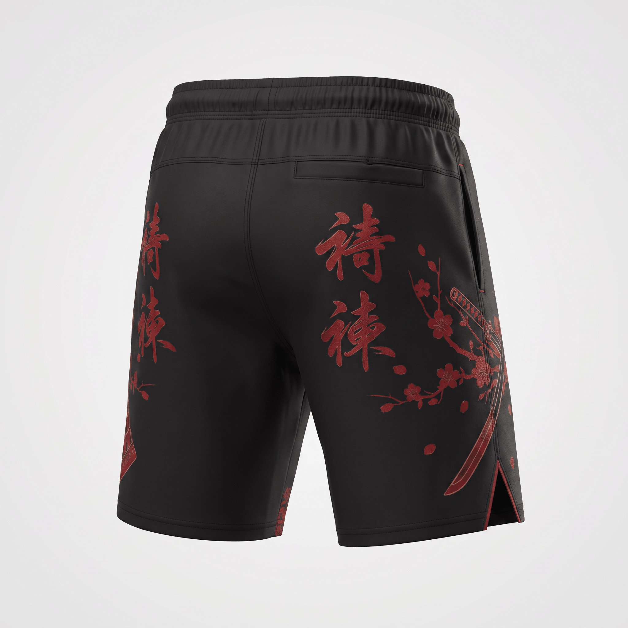 Rear view of black athletic shorts featuring red Japanese text and cherry blossom graphics.