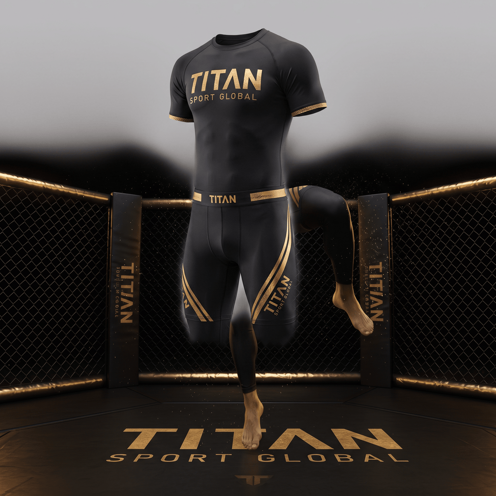 Black and gold Titan Sport Global compression shirt and shorts set displayed in an MMA cage.