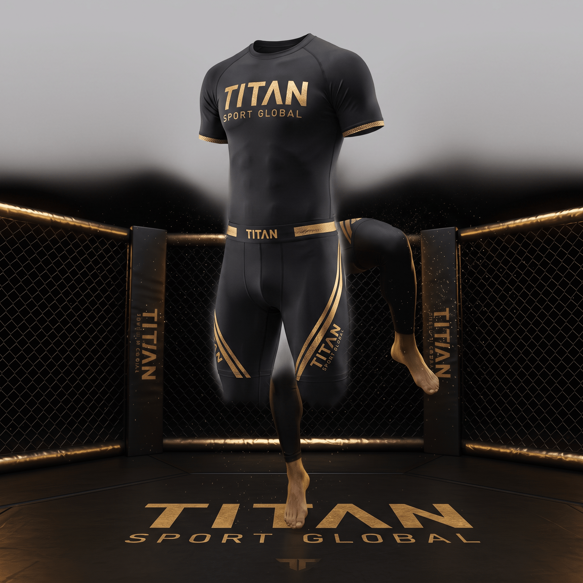 Black and gold Titan Sport Global compression shirt and shorts set displayed in an MMA cage.