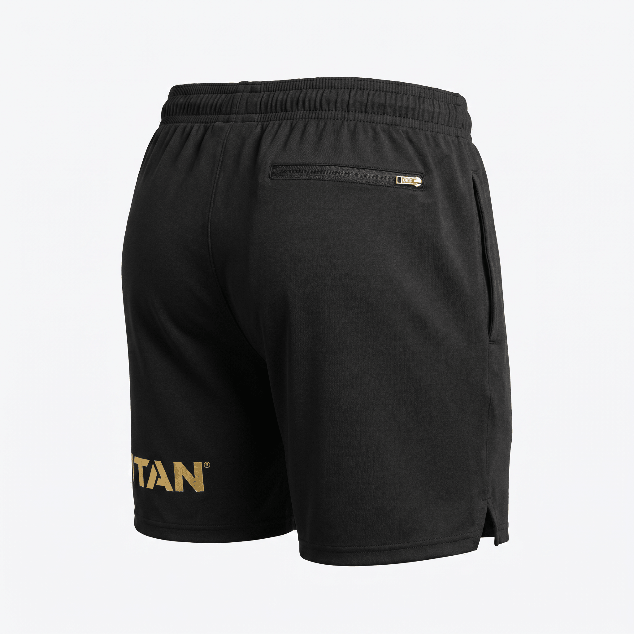 Black athletic shorts with gold logo on the leg, rear zip pocket, and elastic waistband, viewed from behind.