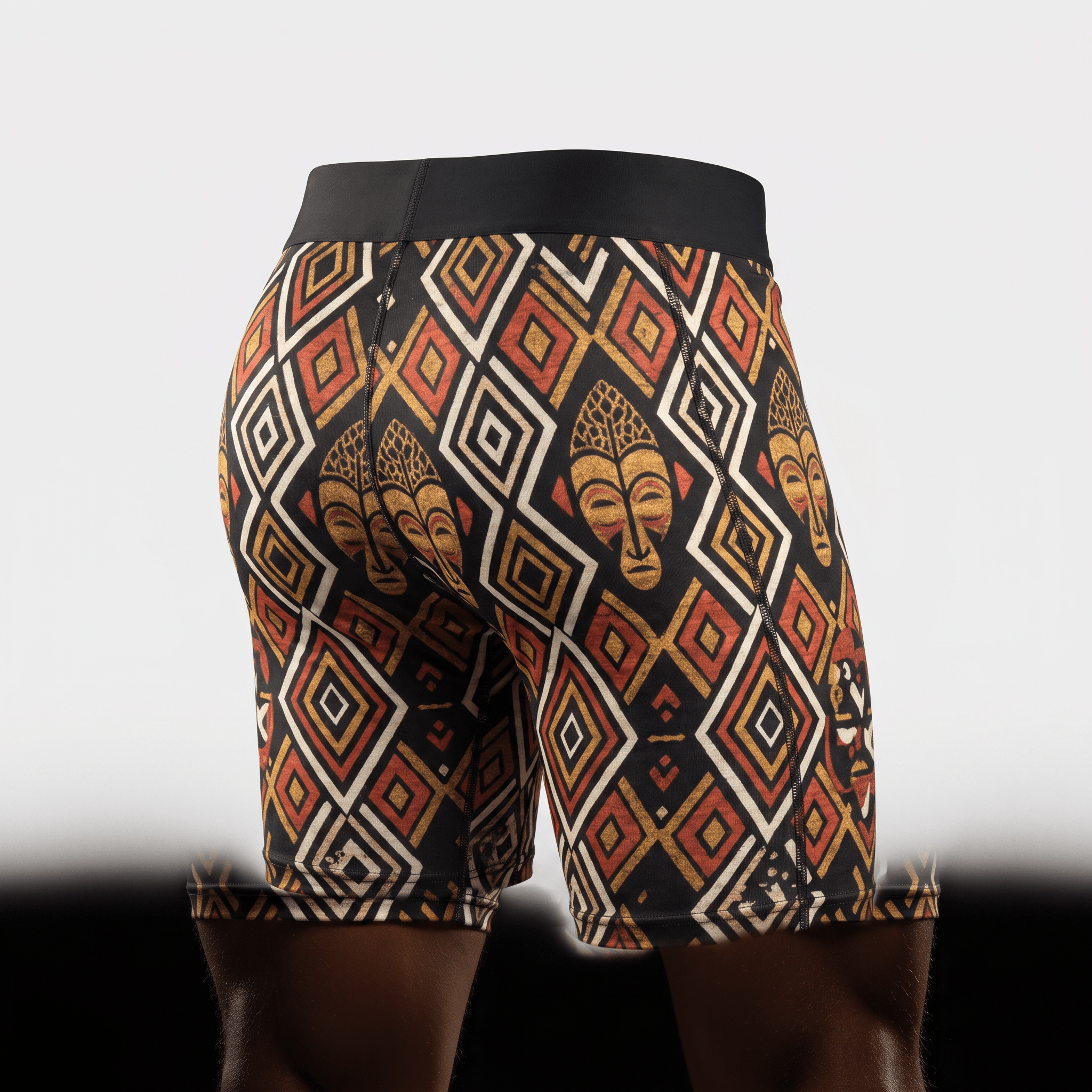 Back view of athletic compression shorts featuring a black, white, red, and gold African tribal mask and diamond pattern.
