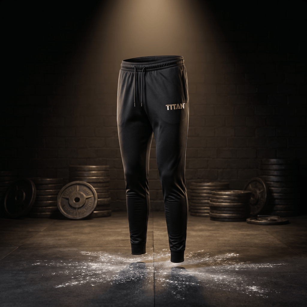 Black athletic joggers with a gold "TITAN" logo, centered in a gym setting with gym weights on a dusty floor.