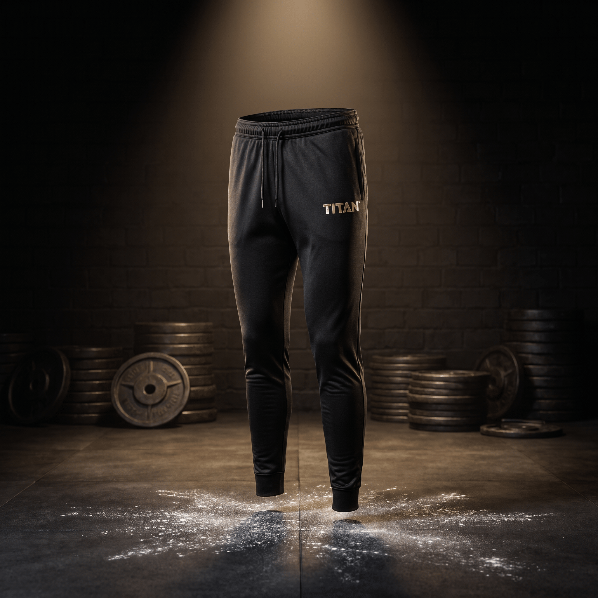 Black athletic joggers with a gold "TITAN" logo, centered in a gym setting with gym weights on a dusty floor.