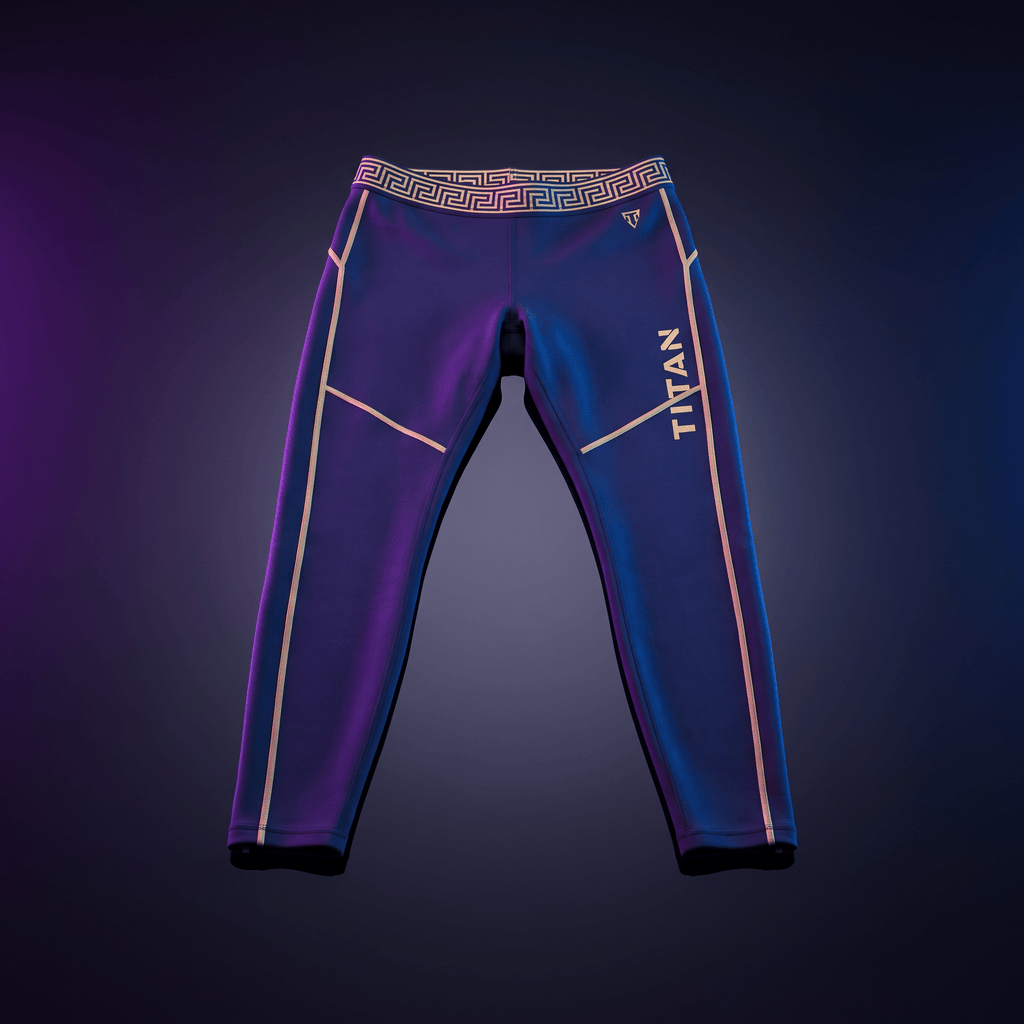Dark blue athletic leggings with a gold Greek key waistband, gold piping, and a vertical "TITAN" logo on the leg.