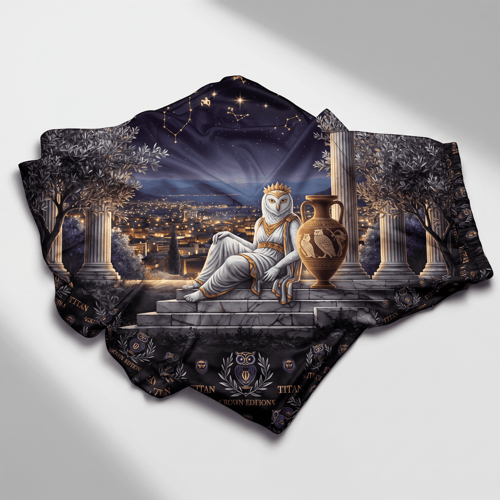 Black shorts featuring an owl goddess in Greek style, columns, an urn, and a starry night city.
