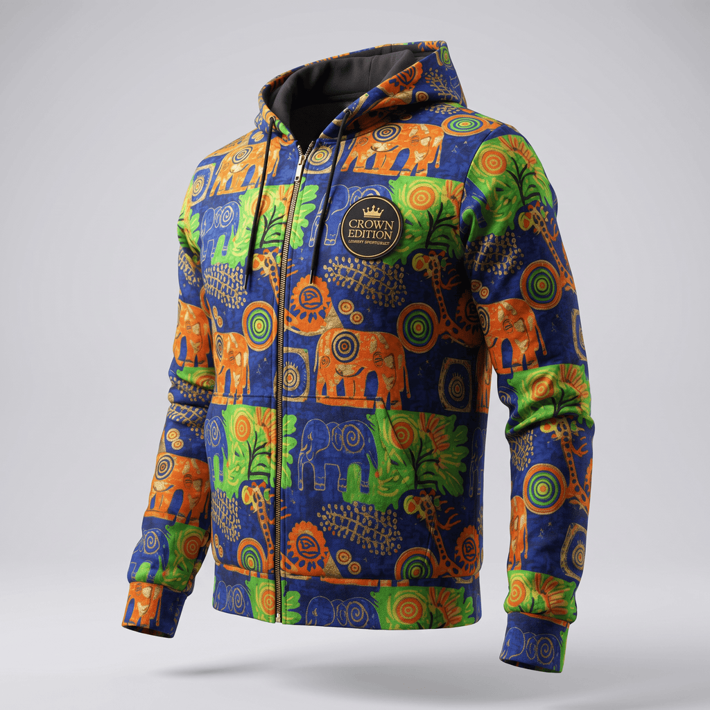 Blue zip-up hoodie featuring an African tribal print with elephants, giraffes, and geometric patterns in orange and green.