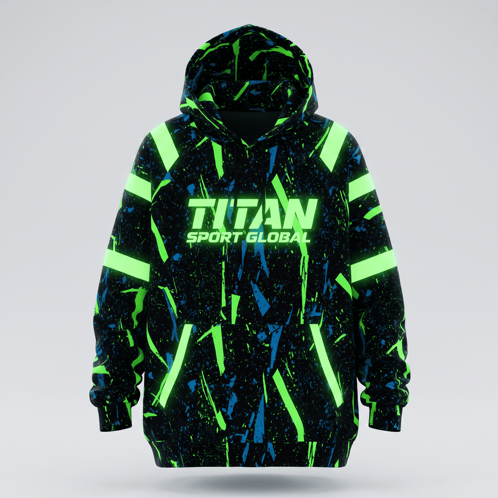 Black hoodie with neon green and blue paint splatter pattern, featuring Titan Sport Global logo on the chest.