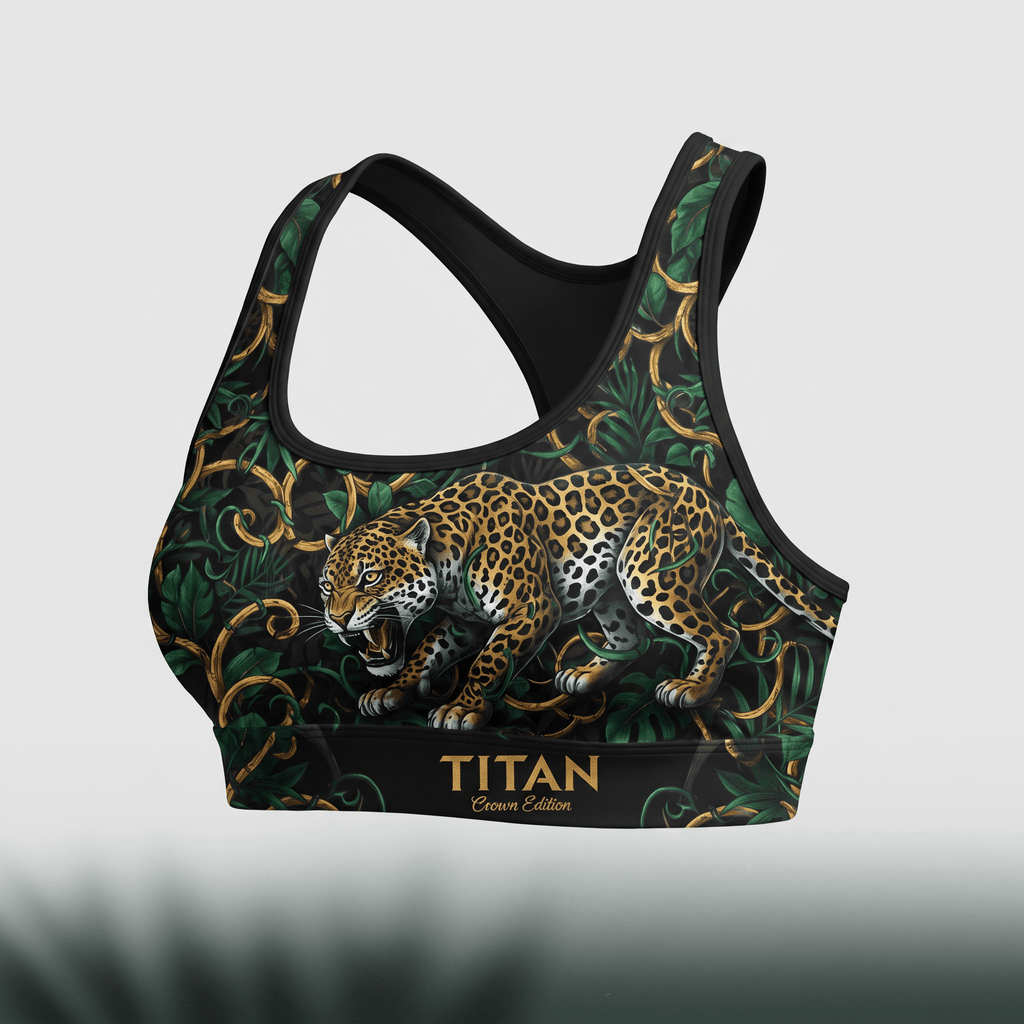 Black sports bra featuring a prowling jaguar print with green jungle leaves and gold filigree.