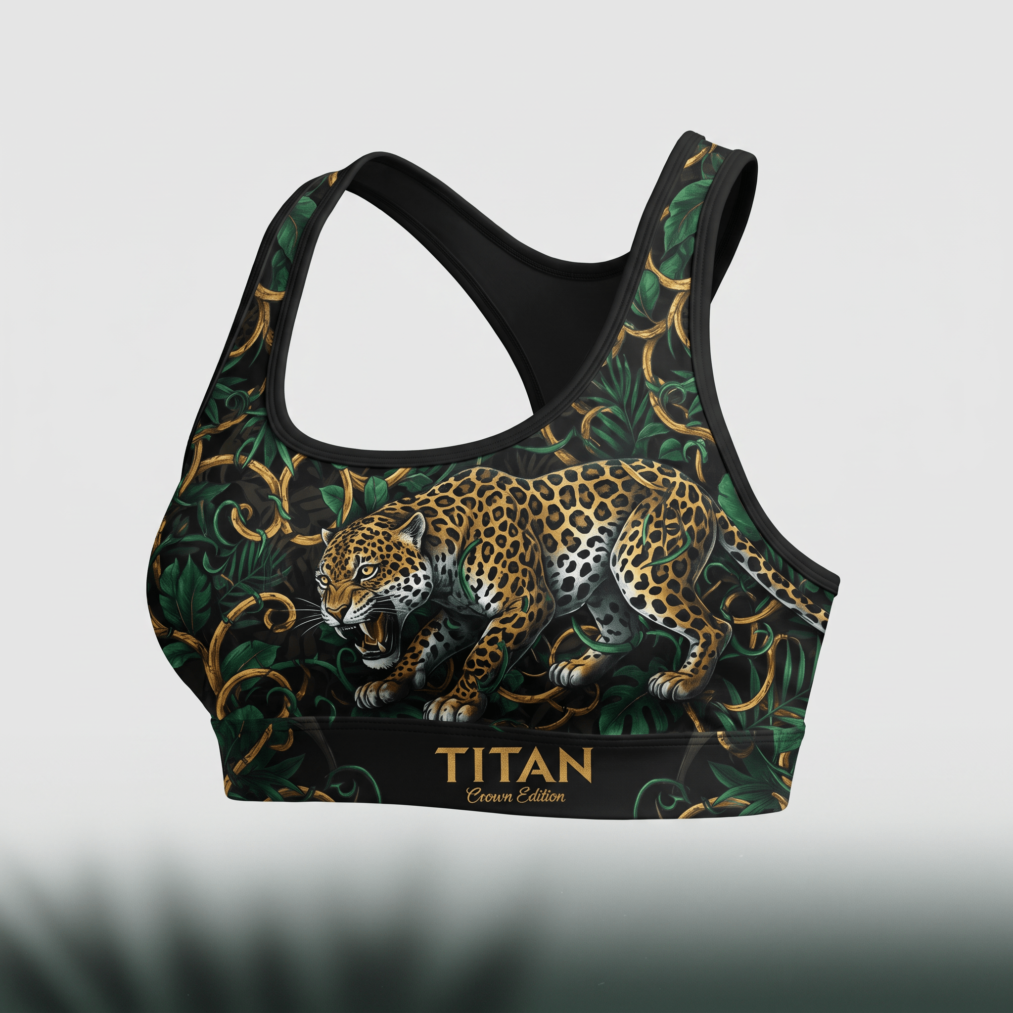 Black sports bra featuring a prowling jaguar print with green jungle leaves and gold filigree.