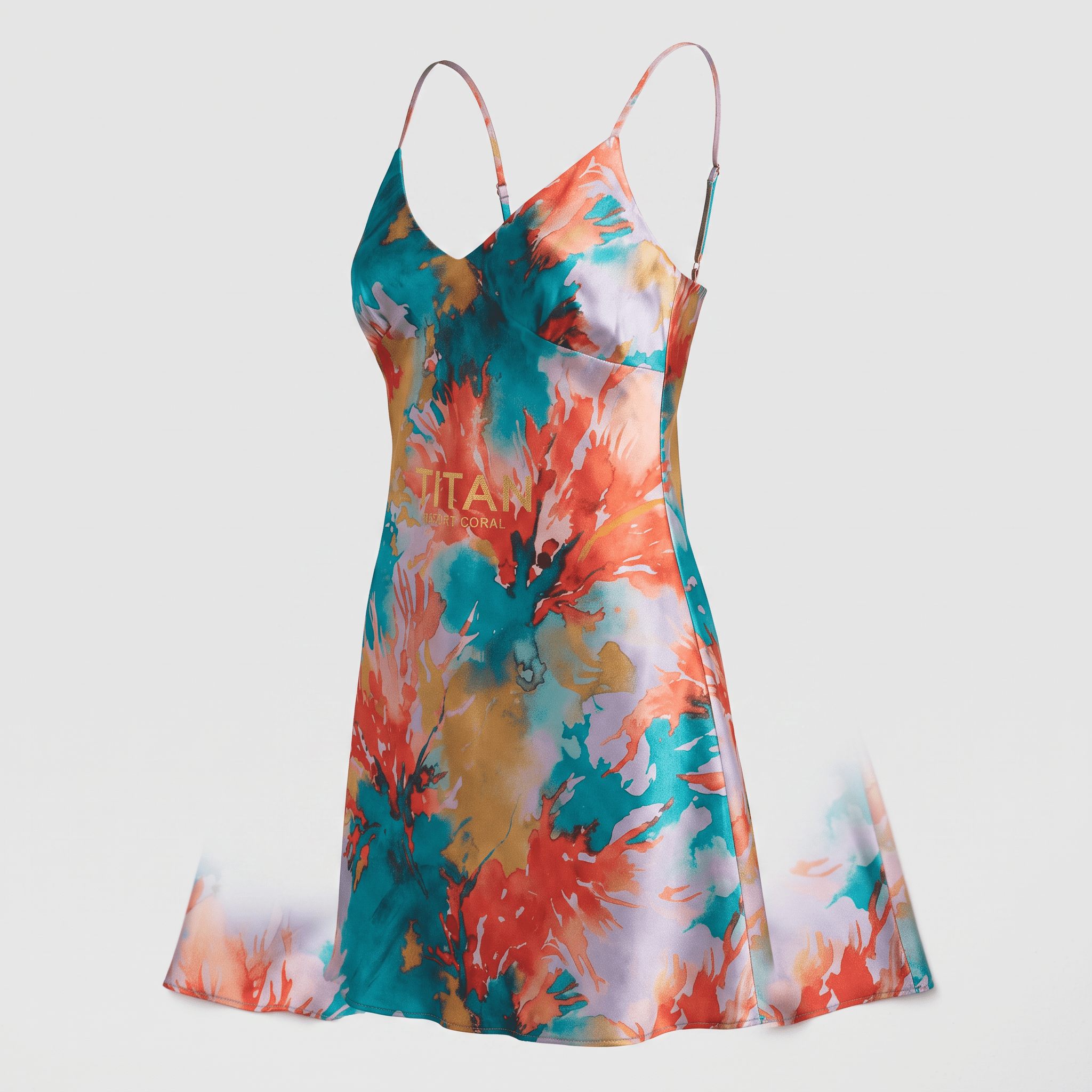 Silky slip dress in teal, orange, and white abstract floral print with thin spaghetti straps and V-neckline.