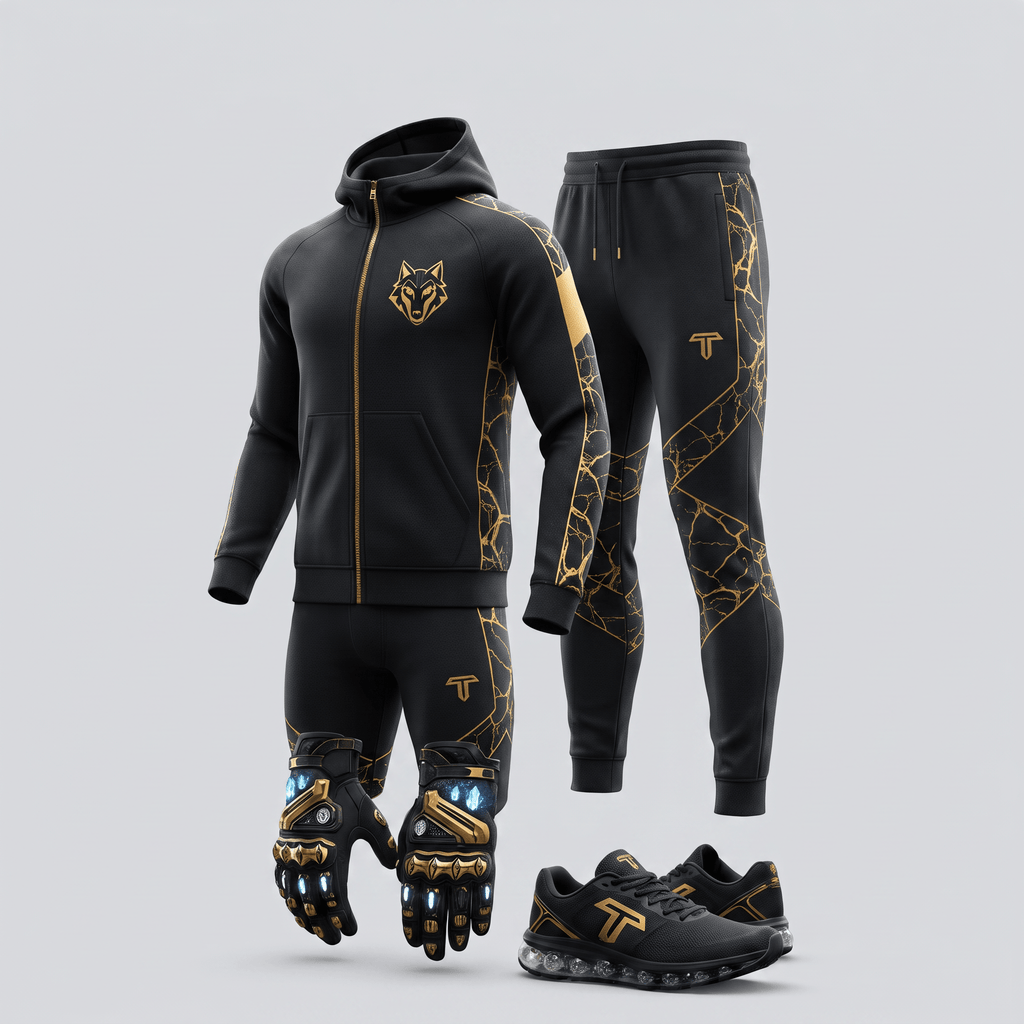 Black and gold athletic tracksuit with hoodie, joggers, matching gloves, and sneakers.