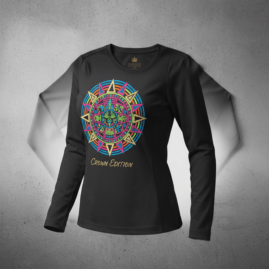 Black long sleeve shirt with a colorful Mayan calendar sun graphic and Crown Edition text.