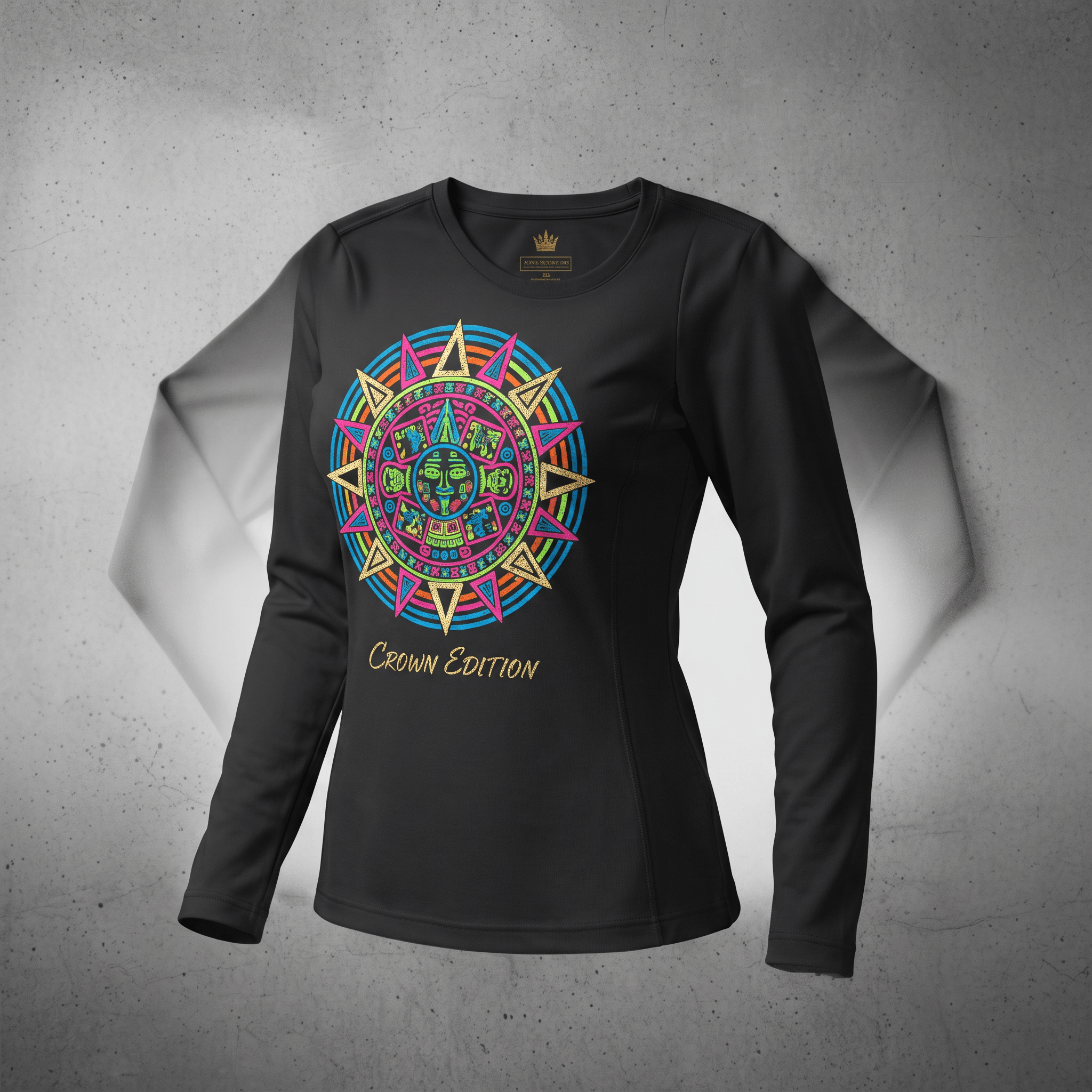 Black long sleeve shirt with a colorful Mayan calendar sun graphic and Crown Edition text.