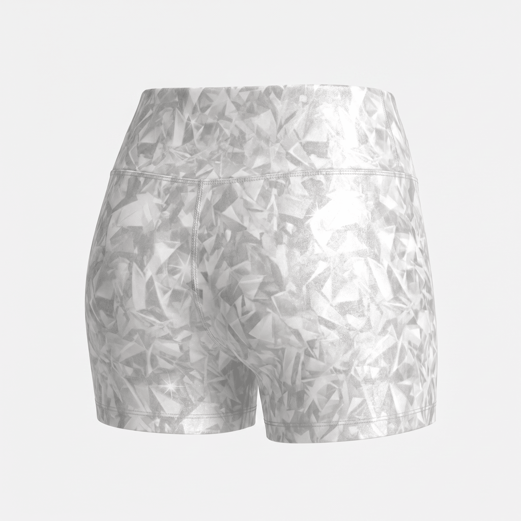 Rear view of silver athletic shorts with a geometric diamond pattern against a plain background.