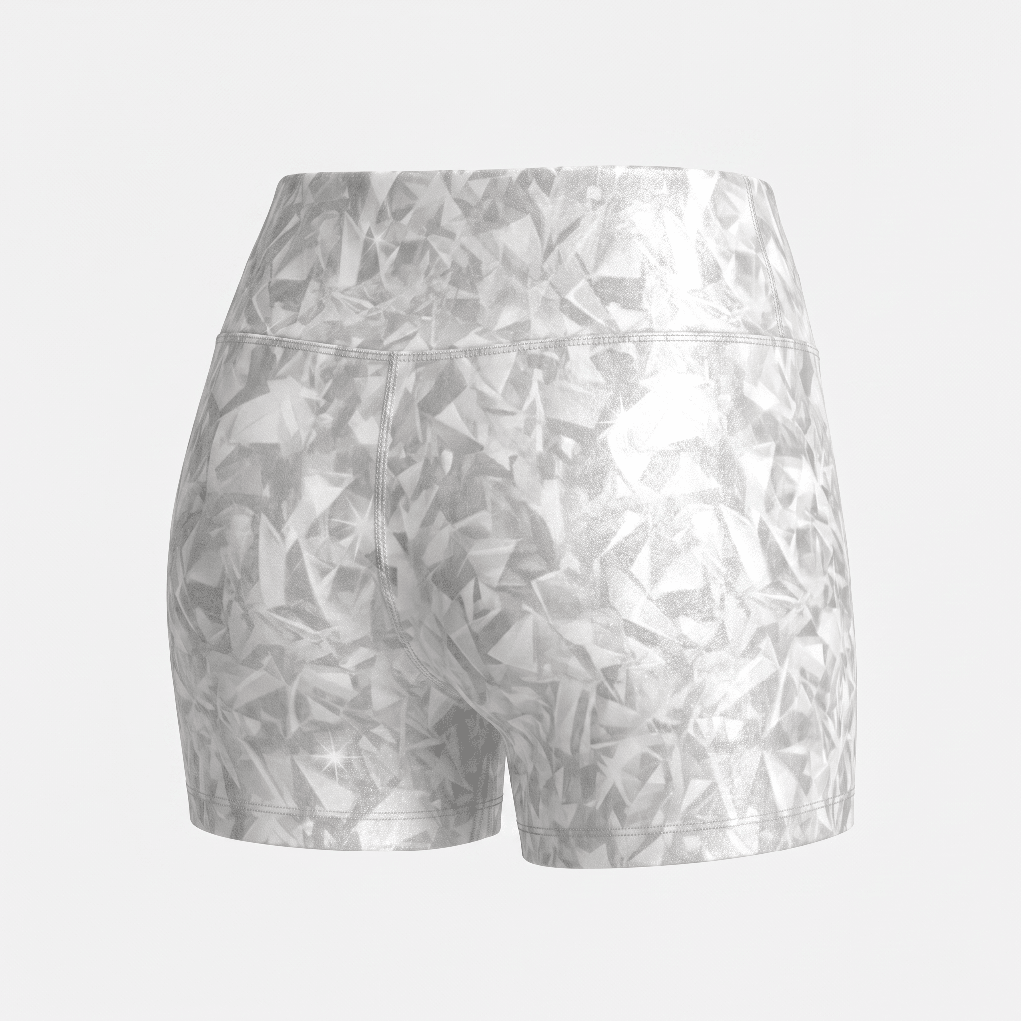 Rear view of silver athletic shorts with a geometric diamond pattern against a plain background.