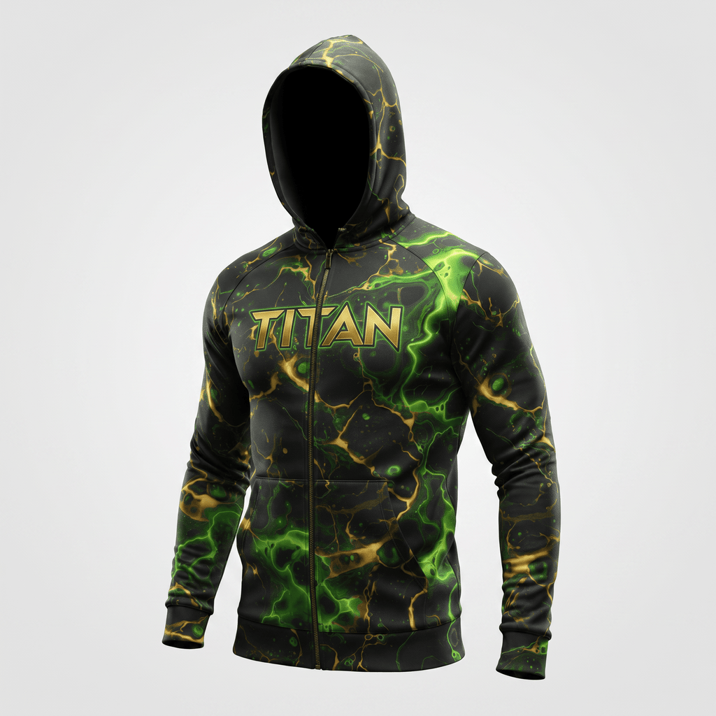 Black zip-up hoodie featuring green and gold marble energy pattern with Titan logo on chest against light background.