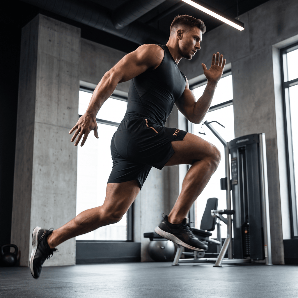 An athletic man in black TITAN Performance Training Shorts and a matching tank top sprints in a gym.
