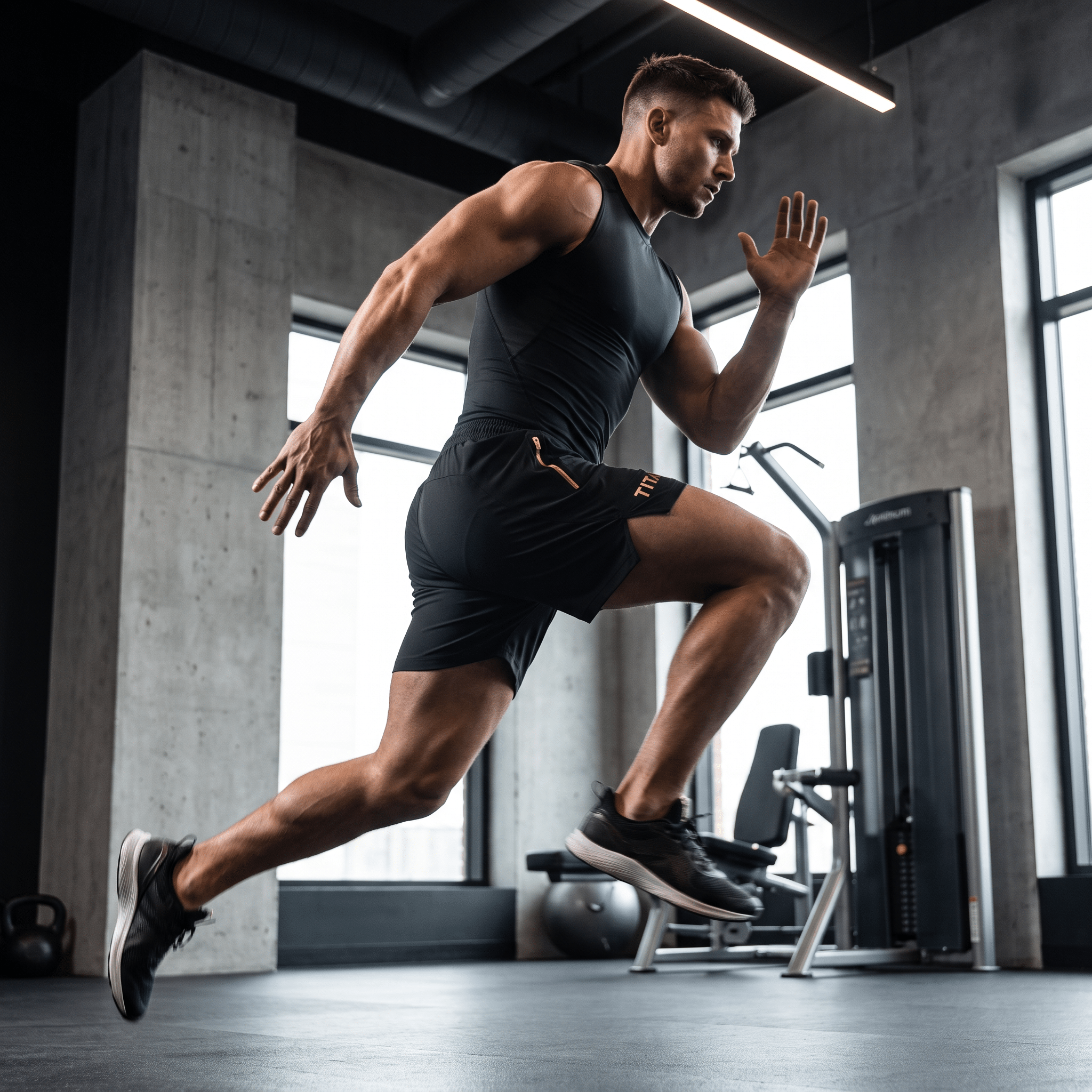 An athletic man in black TITAN Performance Training Shorts and a matching tank top sprints in a gym.