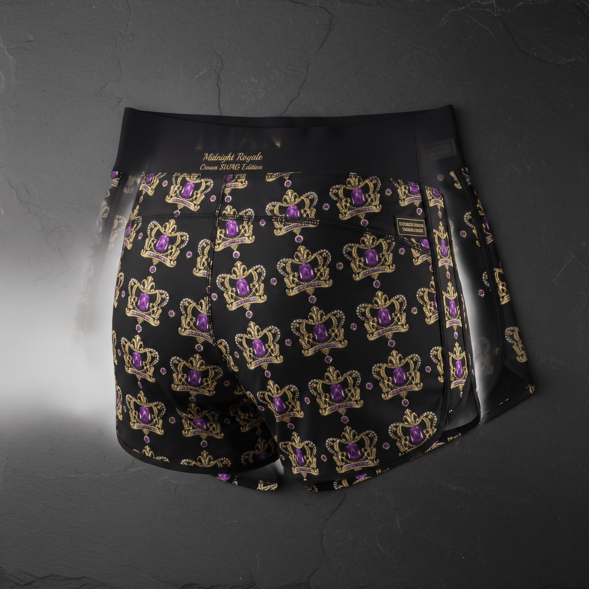 Midnight Royale Crown SWAG Edition running shorts featuring a gold crown and purple jewel pattern.